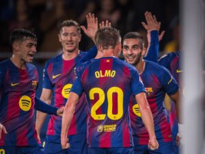 Ferran Torres comemora com os companheiros um dos gols marcados contra o Getafe, pela LaLiga. / @FCBarcelona_br