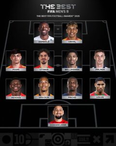O melhor time do mundo de 2025 divulgado pela FIFA, durante os prÊmios The Best. / @FifaWorldCup