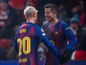 Dani Olmo e Lewandowski, com um gol cada, decretaram a vitória do Barça sobre o Slavia Praga, na Champions League. / @FCBarcelona_br
