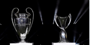 Os troféus da Liga dos Campeões e da Europa League.