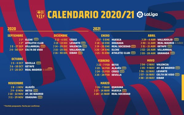 O calendário do Barça na Liga Espanhola 2020/21. 