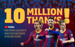 Barça, o primeiro clube a atingir 10 milhões de inscritos no Youtube. / Twitter: @FCBarcelona_br