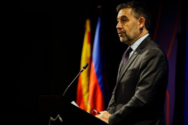 Josep Maria Bartomeu durante o pronunciamento no qual anunciou a sua demissão da presidência do Barça. 
