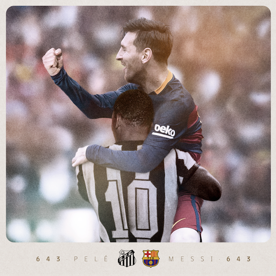 Com 643 gols oficiais, Messi igualou a marca de Pelé como o maior artilheiro de todos os tempos por um único clube. / Twitter: @FCBarcelona_br