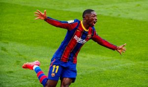 Dembélé comemora o golaço marcado contra o Sevilla, pela Liga Espanhola.