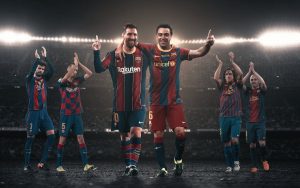 Fotomontagem com as imagens de Messi e Xavi abraçados e outros jogadores históricos atrás aplaudindo a dupla.