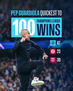 Pep Guardiola, o treinador mais rápido a atingir as 100 vitórias na Champions League / Twitter: @ManCityPT