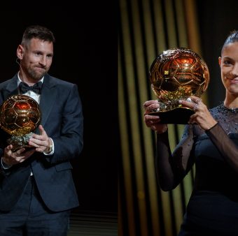 Leo Messi e Aitana Bonmatí, ganhadores da Bola de Ouro 2023. / Twitter: FC Barcelona