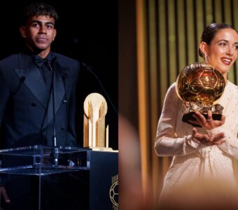 Lamine Yamal e Aitana Bonmatí, ganhadores ddo Troféu Kopa e da Bola de Ouro feminina, respectivamente. / @FCBarcelona_br