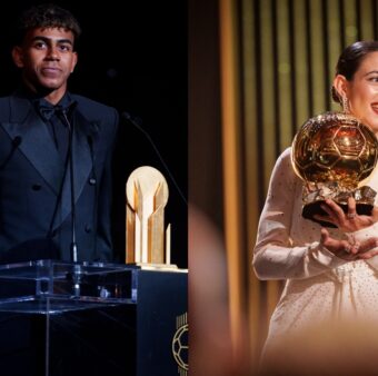 Lamine Yamal e Aitana Bonmatí, ganhadores ddo Troféu Kopa e da Bola de Ouro feminina, respectivamente. / @FCBarcelona_br