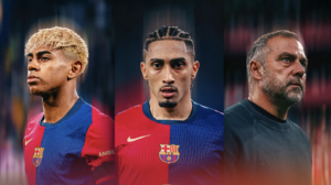 Lamine, Raphinha e Hansi Flick, os donos da LaLiga 2024/25. / Twitter @FCBarcelona_br