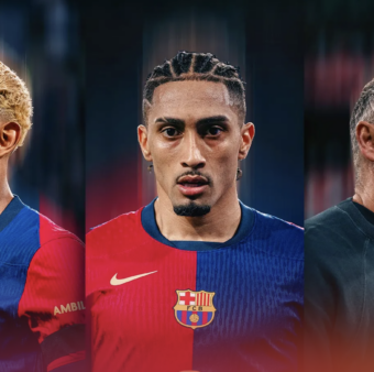 Lamine, Raphinha e Hansi Flick, os donos da LaLiga 2024/25. / Twitter @FCBarcelona_br