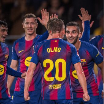 Ferran Torres comemora com os companheiros um dos gols marcados contra o Getafe, pela LaLiga. / @FCBarcelona_br