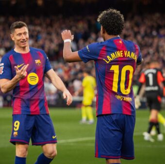 Lewandowski e Lamine Yamal, os goleadores da vitória do Barça por 4 a 1 sobre o Villarreal, pela LaLiga. / @FCBarcelona_br